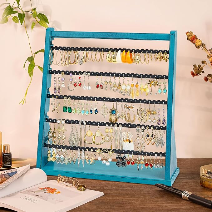 Poyilooo Earring Organizer Stand, Rustic Wood Earring Holder Rack, 5 Layer Jewelry Holder Organizer with 270 Earring Tree Holes Display for Stud Earings & Hoop Earrings, Gifts for Women (Teal)