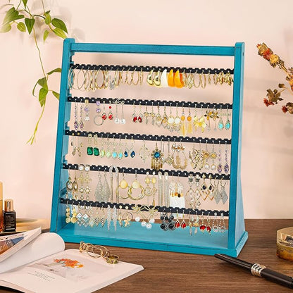 Poyilooo Earring Organizer Stand, Rustic Wood Earring Holder Rack, 5 Layer Jewelry Holder Organizer with 270 Earring Tree Holes Display for Stud Earings & Hoop Earrings, Gifts for Women (Teal)