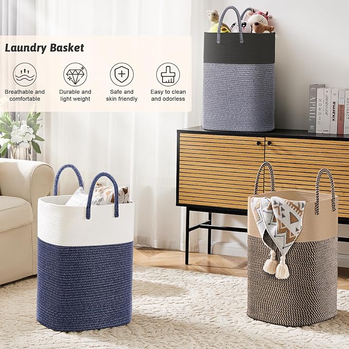 Laundry Basket,Woven Cotton Rope Laundry Hamper,Versatile Storage for Dirty Clothes,Baby Toys,and Blankets in Bathroom, Nursery,and Living Room (Black, 60L)