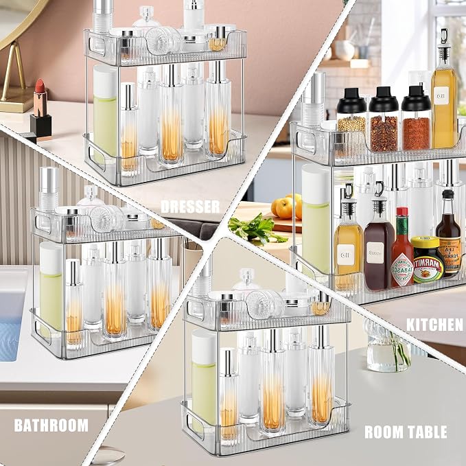 2-Tier Bathroom Counter Organizer Countertop Storage, Dresser Organizer Vanity Tray for Makeup, Perfume Organizer Cosmetics Skincare Shelf - Grey