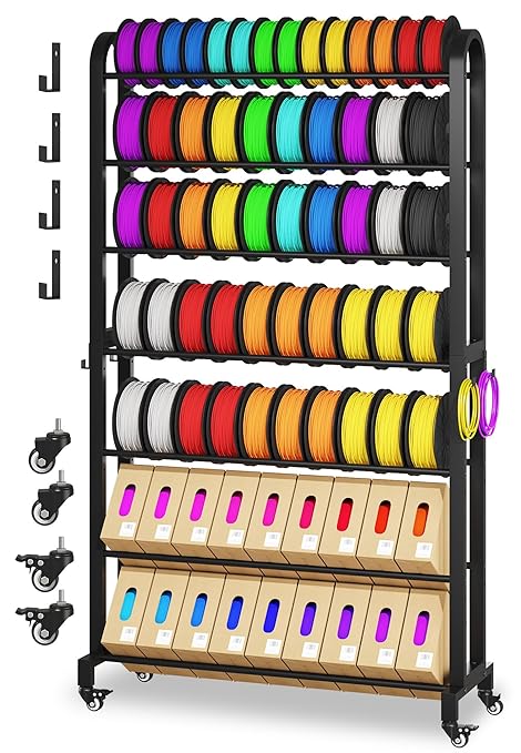 7-Tier 3D Printer Filament Storage Rack with Wheels, Heavy Duty Adjustable Metal Shelf Holds 80 Spools, Tall Mobile Filament Organizer with Hooks for 3D Printing Business & Workshop