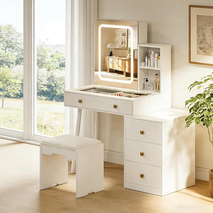 KAMABOKO Vanity Desk with Sliding Mirror and Lights, Makeup Vanity Table with 4 Drawers & Storage Rack &Power Outlet & Stool, White Dressing Table with Glass Transparent Top for Bedroom