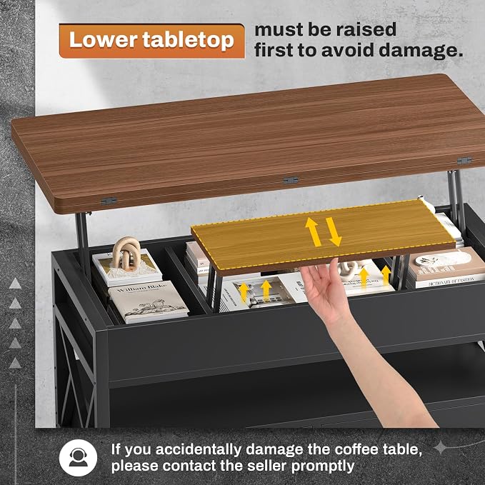 Itaar 40" Lift Top Coffee Table, 4 in 1 White Coffee Tables with Storage for Living Room, Small Coffee Table with 2 Drawers & LED Light for Dining Room, Black+Brown