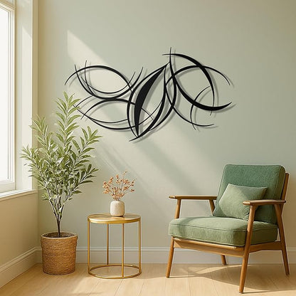 pluviart Modern Abstract Metal Wall Art – Black Curved Lines Sculpture for Living Room, Bedroom or Office – Large 3D Contemporary Home Decor – Minimalist Iron Wall Accent (30”x17”)