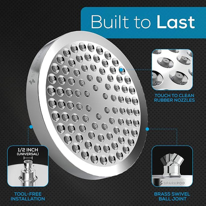 SparkPod Rain Shower Head, 6 Inch Round | High Pressure Shower Heads, 90 Nozzle (Touch-to-Clean), Adjustable Showerhead, No-tool Universal Connection