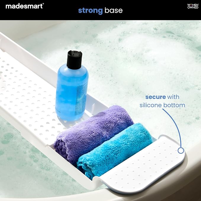 madesmart Expandable Bath Shelf, Adjustable Bathtub Tray for Bath-Night, Holds Glasses, Soaps, Toys & Bath Essentials, Non-Slip Grip, Fits Most Tubs, White
