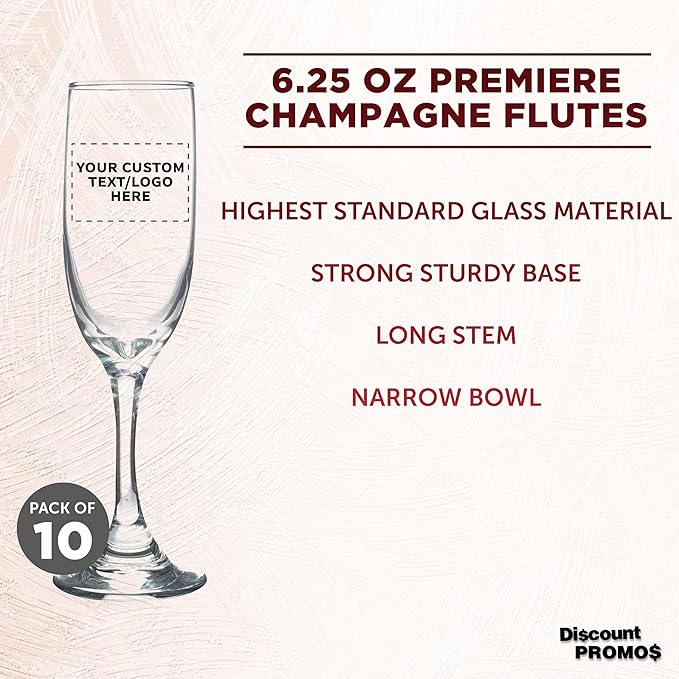 DISCOUNT PROMOS Custom Premiere Champagne Flutes 6.25 oz. Set of 10, Personalized Bulk Pack - Elegant Drinkware for Weddings, Events, & Promotional Gifts - Clear