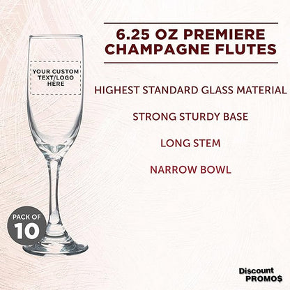 DISCOUNT PROMOS Custom Premiere Champagne Flutes 6.25 oz. Set of 10, Personalized Bulk Pack - Elegant Drinkware for Weddings, Events, & Promotional Gifts - Clear