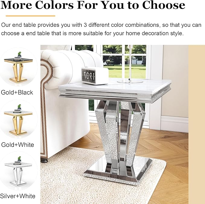Marble End Table, Modern Square 23” Side Table with Diamond-Shape Stainless Steel Base and Faux Marble Top, Small Sofa Table for Living Room, Bedroom, Lounge (Silver,White)