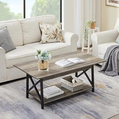 GreenForest Coffee Table with Storage, 39inch Modern 2-Tier Coffee Tables for Living Room, X-Frame Design Farmhouse Coffee Table Space Saving Living Room Small Tables, Easy Assembly, Grey Wash