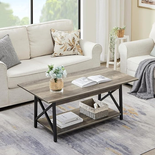 GreenForest Coffee Table with Storage, 39inch Modern 2-Tier Coffee Tables for Living Room, X-Frame Design Farmhouse Coffee Table Space Saving Living Room Small Tables, Easy Assembly, Grey Wash