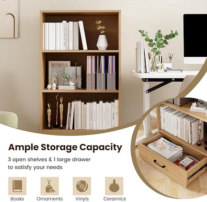 Tangkula 3 Tier Bookcase with Drawer, 42.5”Tall Freestanding Bookshelf with 3 Open Shelves & 1 Drawer, Anti-toppling Devices, Modern Display Storage Organizer for Home Office (Natural, 42.5" H)