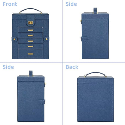 AKOZLIN Jewelry Box Organizer Functional Leather Jewelry Storage Case for Women Girls Ring Necklace Earring Bracelet Holder Organizer with Mirror Blue