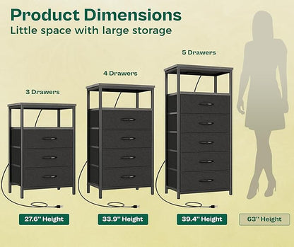 Huuger Night Stand with Charging Station, 4 Drawer Dresser for Bedroom, Bedside Table, 33.9 Inch Tall Nightstand with Open Shelf, End Table, for Closet, Entryway, Bedroooom, Gray