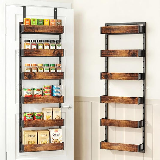 6-Tier Over the Door Pantry Organizer, 2-in-1 Door Hanging or Wall Mounted Spice Rack, Space Saving Metal Storage Shelves with Adjustable Baskets for Kitchen, Closet, Bathroom
