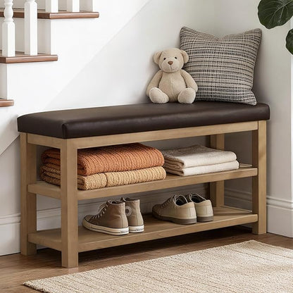 Shoe Rack Bench with Leather Cushion, 2 Tier Solid Wood Storage Bench, Mid-Century Modern Shoe Bench for Entryway, Hallway, Closet, Front Door Entrance, Foyer (Dark Brown, 46.5)