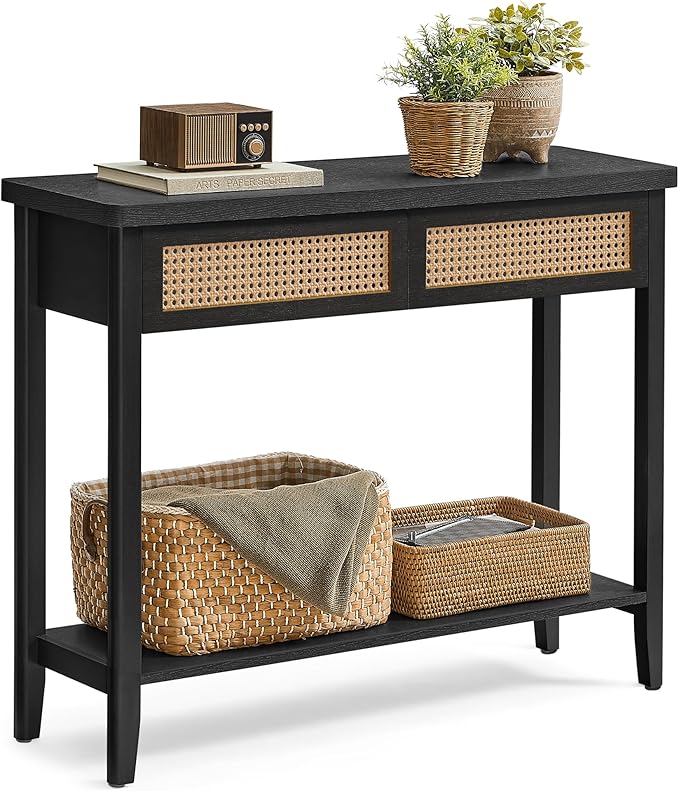 VASAGLE Console Sofa Table, Narrow Entryway Table, 2 Drawers, Open Storage Shelf, Rounded Corners, for Living Room, Boho Style, Ash Black ULNT016BF01S