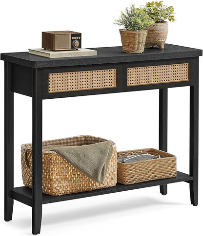 VASAGLE Console Sofa Table, Narrow Entryway Table, 2 Drawers, Open Storage Shelf, Rounded Corners, for Living Room, Boho Style, Ash Black ULNT016BF01S