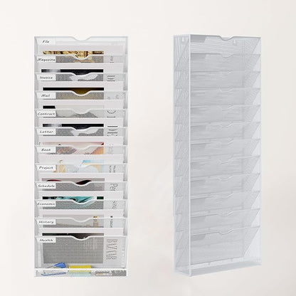 13 Tier Hanging Wall File Holder, Metal A4 Wall Mounted Document Holder, Vertical Hanging Mail Organizer, Magazine Storage Rack with Tray for Office Home Classroom, White