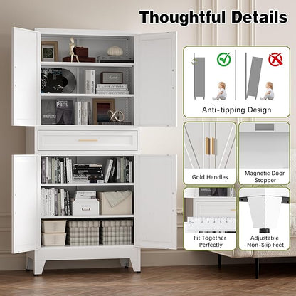 COFaR 71" Tall Kitchen Pantry, Farmhouse Storage Cabinet with Doors and Shelves, Metal Cabinet with Drawers and Legs, for Cupboard/Dining Room/Bathroom/Living Room/Office/Laundry Room (White).