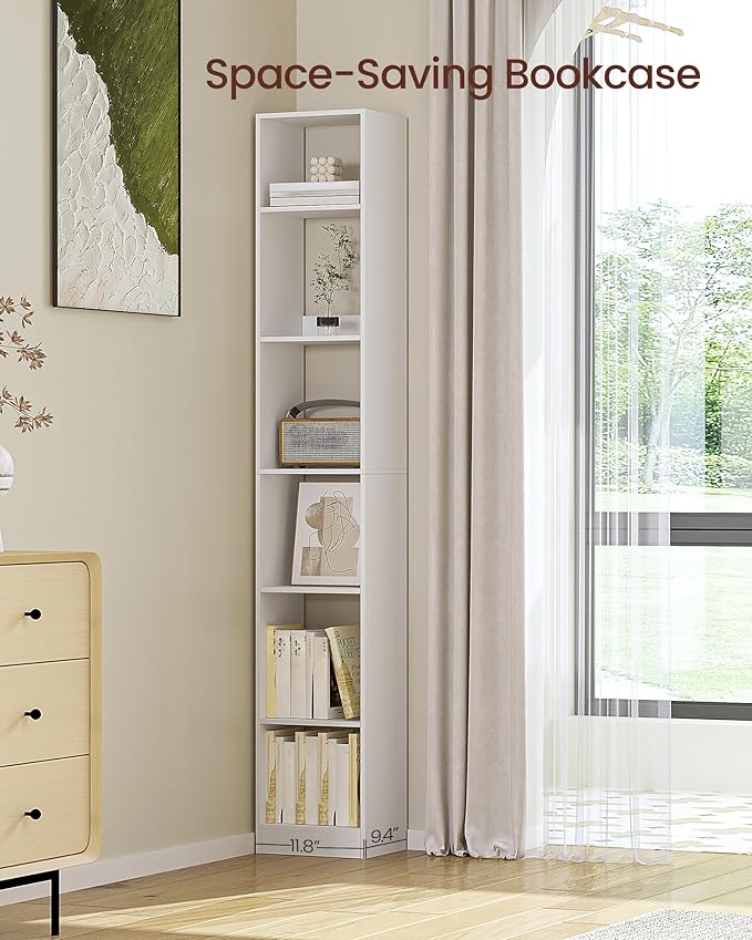 Hzuaneri Bookcase, Tall Narrow Bookshelf, Open Display Storage Shelf, Skinny Cube Book Shelf with Adjustable Shelves, CD Rack for Living Room, Home Office 6-Tier(9.4 x 11.8 x 72.5 inch) White BC09603X