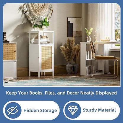 HITNET Bamboo Cabinet, Bathroom Storage Cabinet with Rattan Doors, Narrow Side Storage Organizer Freestanding Floor Cupboard for Small Space, White