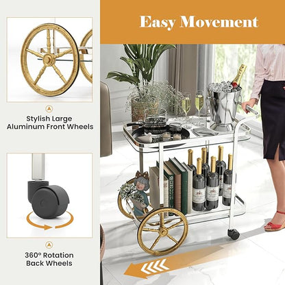 Giantex 2-Tier Bar Cart, Stylish Rolling Serving Cart w/Tempered Glass Shelves, 2 Large Aluminum Front Wheels, Stainless Steel Frame, Mobile Storage Shelf, Home Trolley Cart for Kitchen, Dining Room