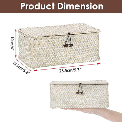 Sumnacon Wicker Basket with Lid Rectangle Woven Baskets for Toiletries Tampon Storage,Wicker Storage Basket with Lid,Decorative Seagrass Storage Baskets for Shelf Bathroom Toilet Table,Whitewash