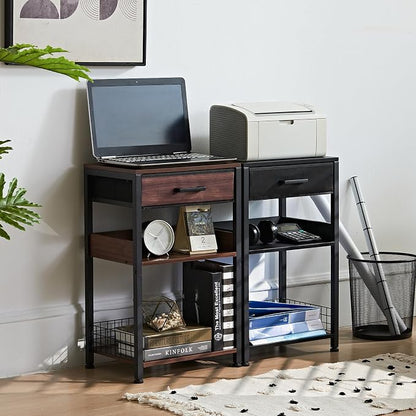 Lerliuo Walnut Printer Stand with Fabric Drawer, 3 Tier Industrial Side Table, Modern Small Printer Desk Holder with Storage Shelf,Multi-Functional Bedside Tables for Home Office Fax Machine Scanner