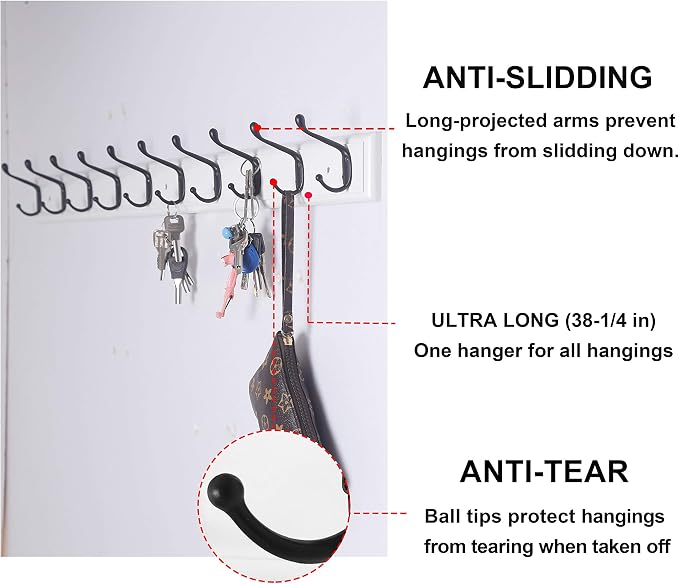 Dseap Coat Rack Wall Mounted: 10-Hooks, 16" Hole to Hole, 38-1/4" Long, Wood Coat Hooks Wall Mounted, Hook Rack, Hook Rail, Hooks for Hanging Coats, White & Black