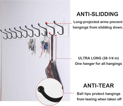 Dseap Coat Rack Wall Mounted: 10-Hooks, 16" Hole to Hole, 38-1/4" Long, Wood Coat Hooks Wall Mounted, Hook Rack, Hook Rail, Hooks for Hanging Coats, White & Black