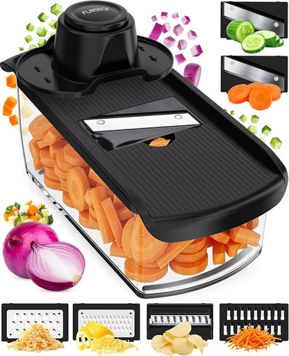Fullstar Mandoline Slicer for Kitchen, Fruit Cutter, Cheese Grater, Cucumber Slicer, Veggie Spiralizer, Food Cutter & Kitchen Gadgets & Gifts with Safety Glove (6 in 1, Black)