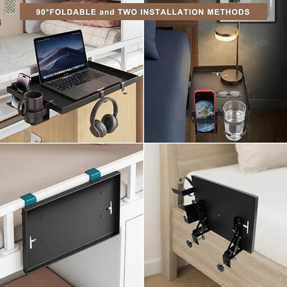 Foldable Bedside Shelf, Metal Clip On Bunk Bed Shelf for Top Bunk Heavy Duty Bed Side Table Tray for University Dorm Essentials, Loft Nightstand Organizer Tray with Removable Cup and Phone Holder