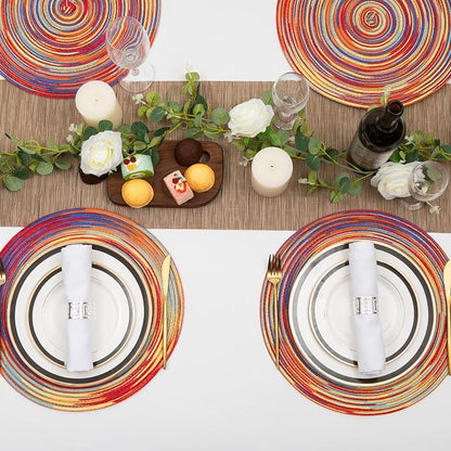 SHACOS Round Braided Placemats Set of 6 Table Mats Colorful Place Mats for Dining Tables Holiday Party Decor (Rainbow Red, 6)