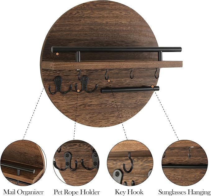 Key Holder for Wall with Shelf - Wood Mail Organizer and Rack with Shelf Hooks Wall Mounted for Entryway Decor Magazines Letter Storage Farmhouse Living Room Bedroom Doorway (Rustic Brown)