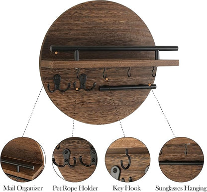 Key Holder for Wall with Shelf - Wood Mail Organizer and Rack with Shelf Hooks Wall Mounted for Entryway Decor Magazines Letter Storage Farmhouse Living Room Bedroom Doorway (Rustic Brown)