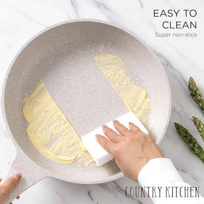 Country Kitchen Non-Stick Cast Aluminum Cookware Set - Durable Kitchen Cookware for Everyday Cooking, Cream Rhombus, 11 Pc.