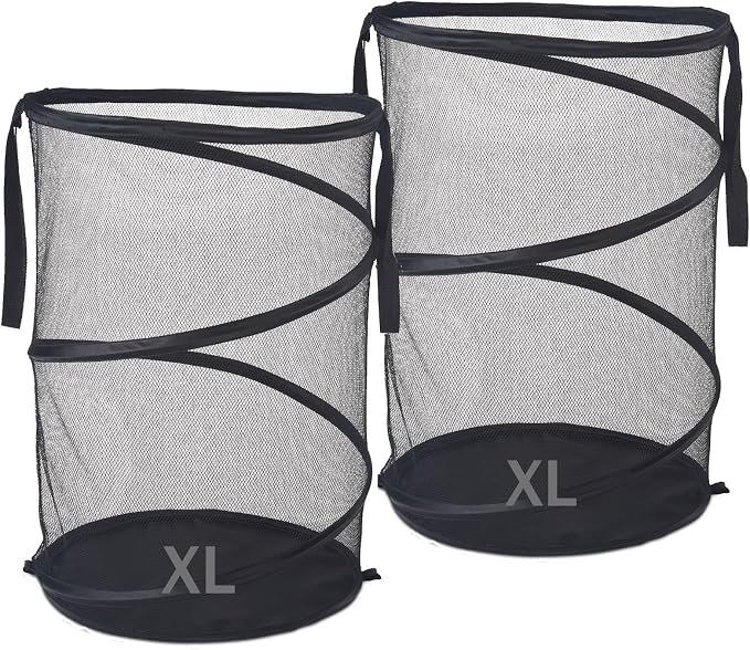 Seiritex 2Pcs Mesh Popup Laundry Hamper 115L Extra Large Collapsible Laundry Basket Foldable Clothing Storage Basket with Handles No Lid 26 H x 18 W x 18 L (Black)