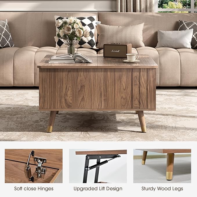 SULIVES Lift Top Coffee Table with Storage,Square Coffee Table with Lifting Top,Modern Center Table with Solid Wood Legs,Small Coffee Tables for Living Room,Walnut