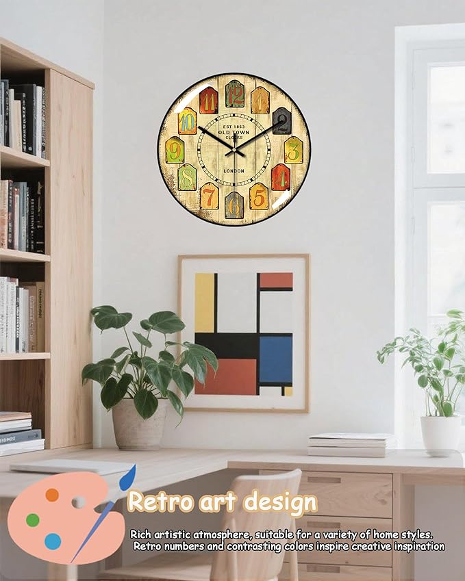 Decorative Wall Clocks Batterys Operated, Retro Wall Clock with Glass Dial, 12-Inch Dial with Roman Numerals, Silent and No Ticking, Suitable for Living Room, Bedroom, Dining Area, Workspace