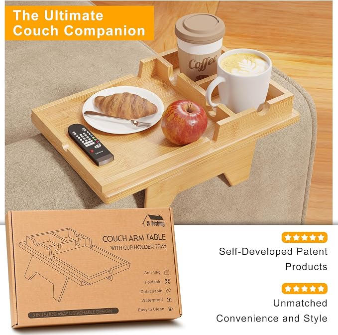 Bestjing Bamboo Couch Cup Holder Tray - 2 in 1 Couch Armrest Table with Be Slide-Away Detachable Double Holder - Sofa Armchair Caddy for Drinking Snacks iPad TV Remote