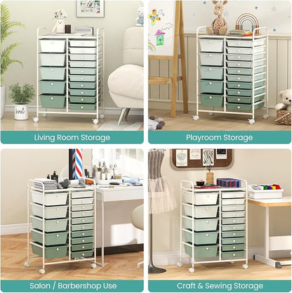 Giantex 15 Drawers Rolling Cart, Classroom Organizers, Storage Cart with Wheels, for Teacher Office Home School Supplies Tool Craft Art Paper, Green Gradient