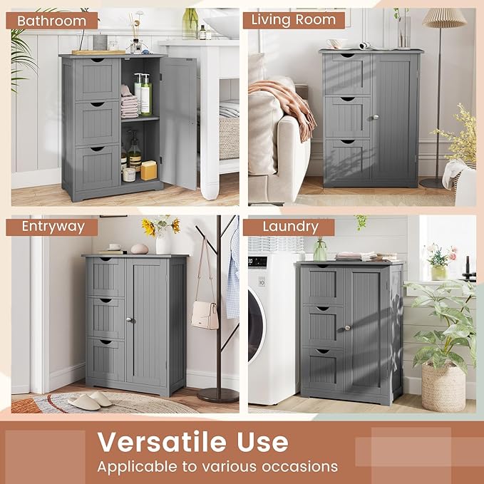 Tangkula Bathroom Floor Cabinet, Freestanding Storage Cabinet with 3 Drawers & Single Door, Adjustable Shelf, Multipurpose Bathroom Storage for Home Office, 23.5 x 12 x 32 Inches (3 Drawers, Grey)