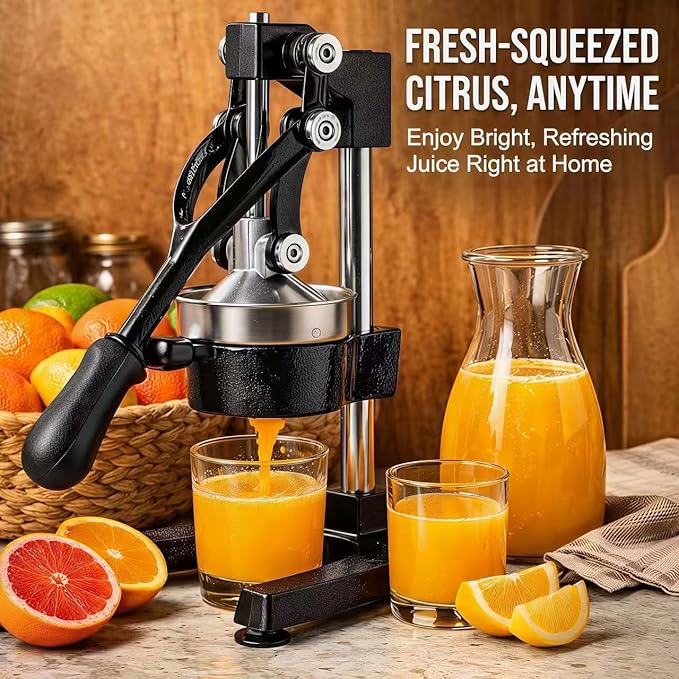 Y-ME Cast Iron Juicer, Heavy Duty Manual Citrus Press with Stainless Steel Detachable Strainers, Hand Juicer for Orange, Lemon, Lime & Grapefruit, Easy to Clean, Black