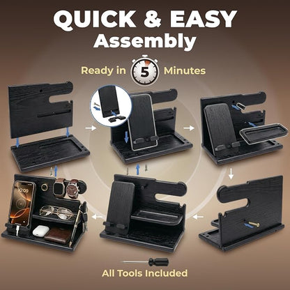 TESLYAR Wood Phone Docking Station for Men - Desk or Nightstand Organizer - Birthday Gifts for Husband, Dad - Anniversary Idea from Wife - Key Holder, Stand Wallet, Watch & Essentials (Granite Black)