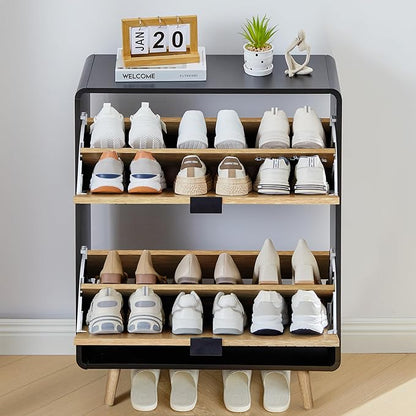 Narrow Shoe Cabinet Storage for Entryway,Slim Shoe Cabinet with 2 Flip Drawers, Fluted Shoes Rack Organizer (Natural with Black, 2 Drawers)