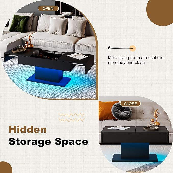 Black LED Coffee Table with Storage for Living Room, Living Room Table Rectangular Center Table, Modern High Glossy Wooden Coffee Tables for Dining Reception Room