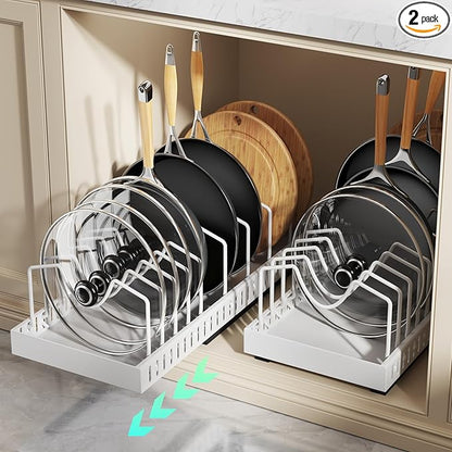 Pull Out Pots and Pans Organizer Under Cabinet, Expandable Sliding Lid Holder and Pan Rack for Kitchen, Slide Out inside Cabinet for Pot Lid, Bakeware, Dishes, 10 Adjustable Dividers, 2 Pack White
