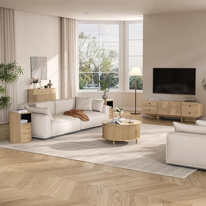SULIVES Round Coffee Table with Storage,Mid Century Modern Coffee Table with Sliding Door,Fluted Center Table with Solid Wood Legs,Small Coffee Table for Living Room,Oak