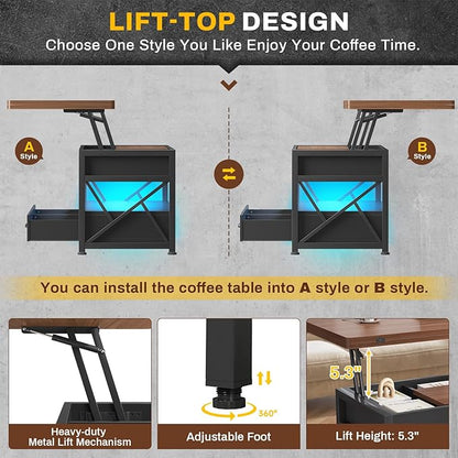 Itaar 40" Lift Top Coffee Table, 4 in 1 White Coffee Tables with Storage for Living Room, Small Coffee Table with 2 Drawers & LED Light for Dining Room, Black+Brown
